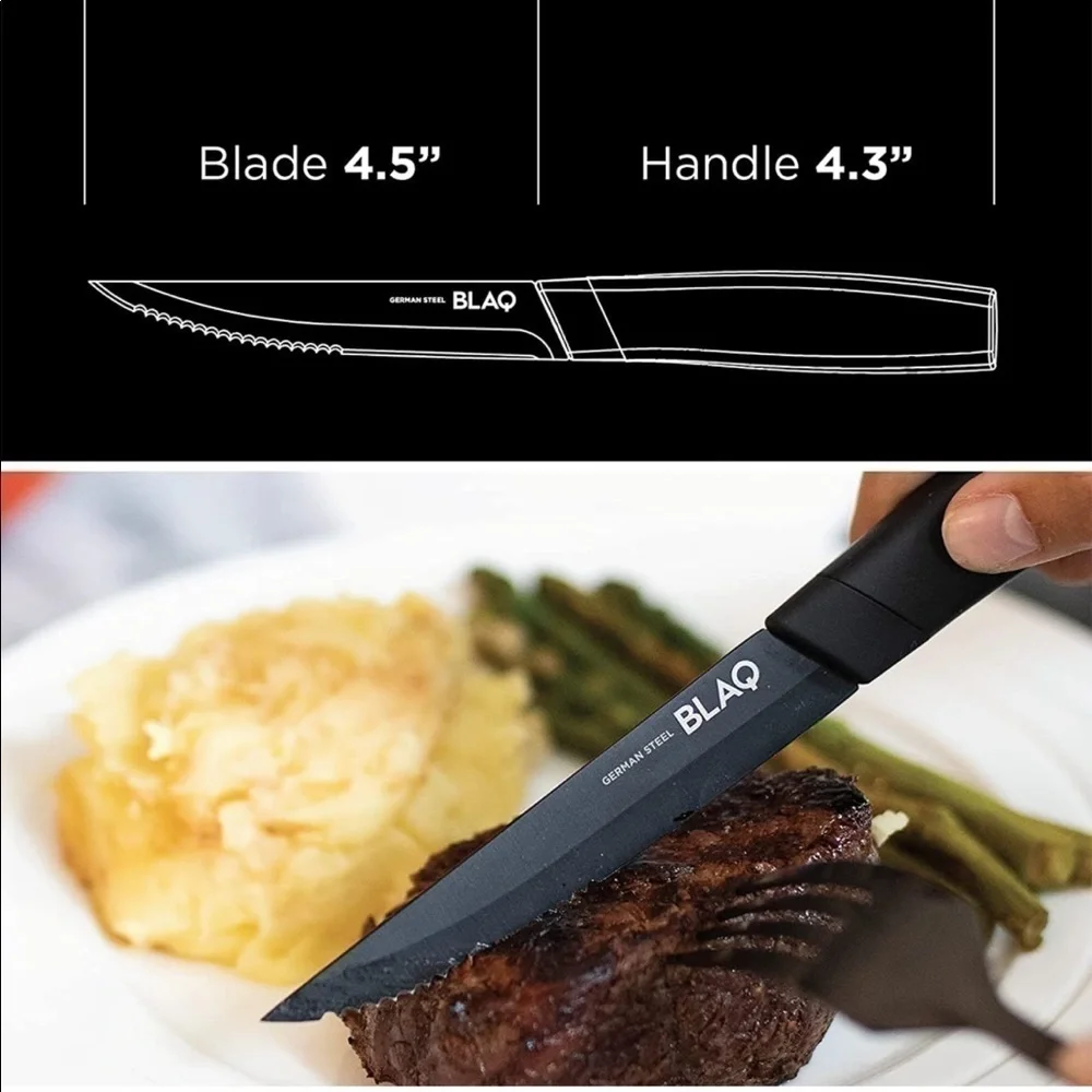 Brand New Blaq Set of 4 German Stainless Steel Serrated Steak Knives Matte Black